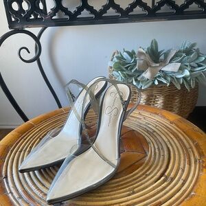 Jessica Simpson Clear Pointed Slingback Heels with Black Trim
